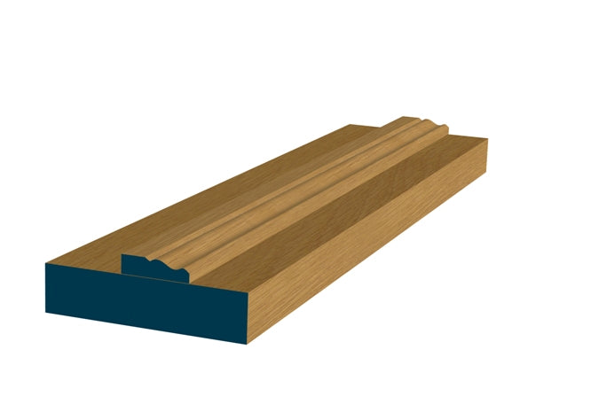 CUSTOM PACK - 31mm Pre-Varnished Solid White Oak Door Liner, shown as a wooden piece with a blue base, pre-primed and ready for top coat painting.