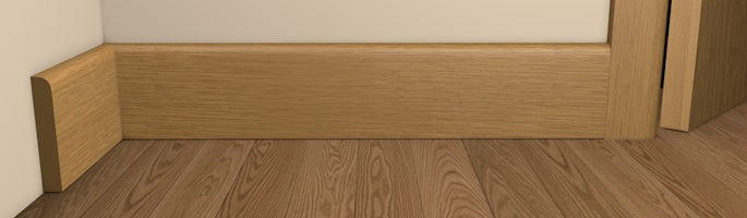 Contemporary Style Architrave and Skirting - Pre-Varnished Solid Oak shown fitted to a wall