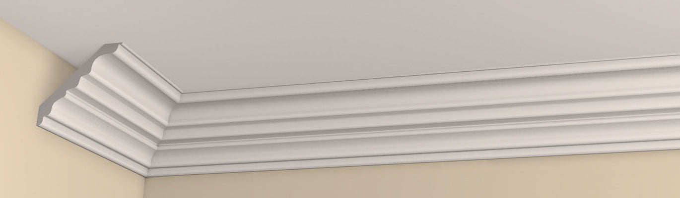 Pre-Primed/Pre-Painted 15 x 108mm Coving shown fitted at the edges of a ceiling