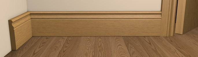 Traditional Style Architrave and Skirting - Pre-Varnished Solid Oak shown fitted to a wall