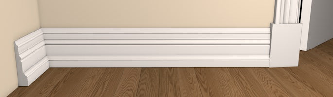 Period Style Architrave and Skirting - Pre-Primed/Pre-Painted Wood shown fitted to a wall