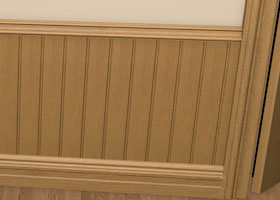 Pre-Varnished Solid Oak Sheeting shown fitted to a wall, with skirting below and capping on top