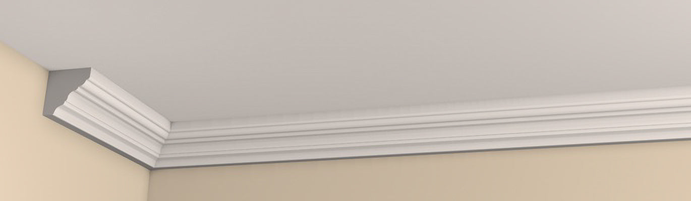 Pre-Primed/Pre-Painted 44 x 44mm Moulded Coving shown fitted at the edges of a ceiling