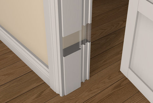 Close-up of CUSTOM PACK - 44mm Pre-Primed 60 Minute Fire REBATED Door Frame showcasing a detailed view of the door and wooden floor.