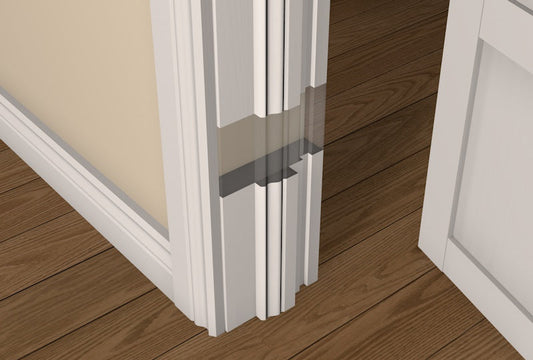 Close-up of CUSTOM PACK - 31mm Pre-Primed 30 Minute Fire Door LINER, featuring pre-primed wood door liner with legs and head, ready for top coat painting.