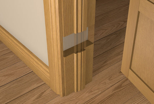 Close-up of the CUSTOM PACK - 31mm Pre-Varnished Solid White Oak Door Liner, showcasing the pre-primed wood surface and detailed craftsmanship for easy on-site customization.