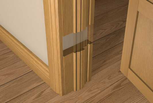 Close-up of CUSTOM PACK - 31mm Pre-Varnished Solid White Oak 30 Minute Fire Door Liner, showcasing its smooth, pre-varnished wood surface and precise construction details.