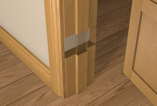 Custom Pack - 31mm Pre-Varnished Solid White Oak Door Liner with SQUARE Door Stop, showing a close-up of the pre-primed wood frame and glass window.